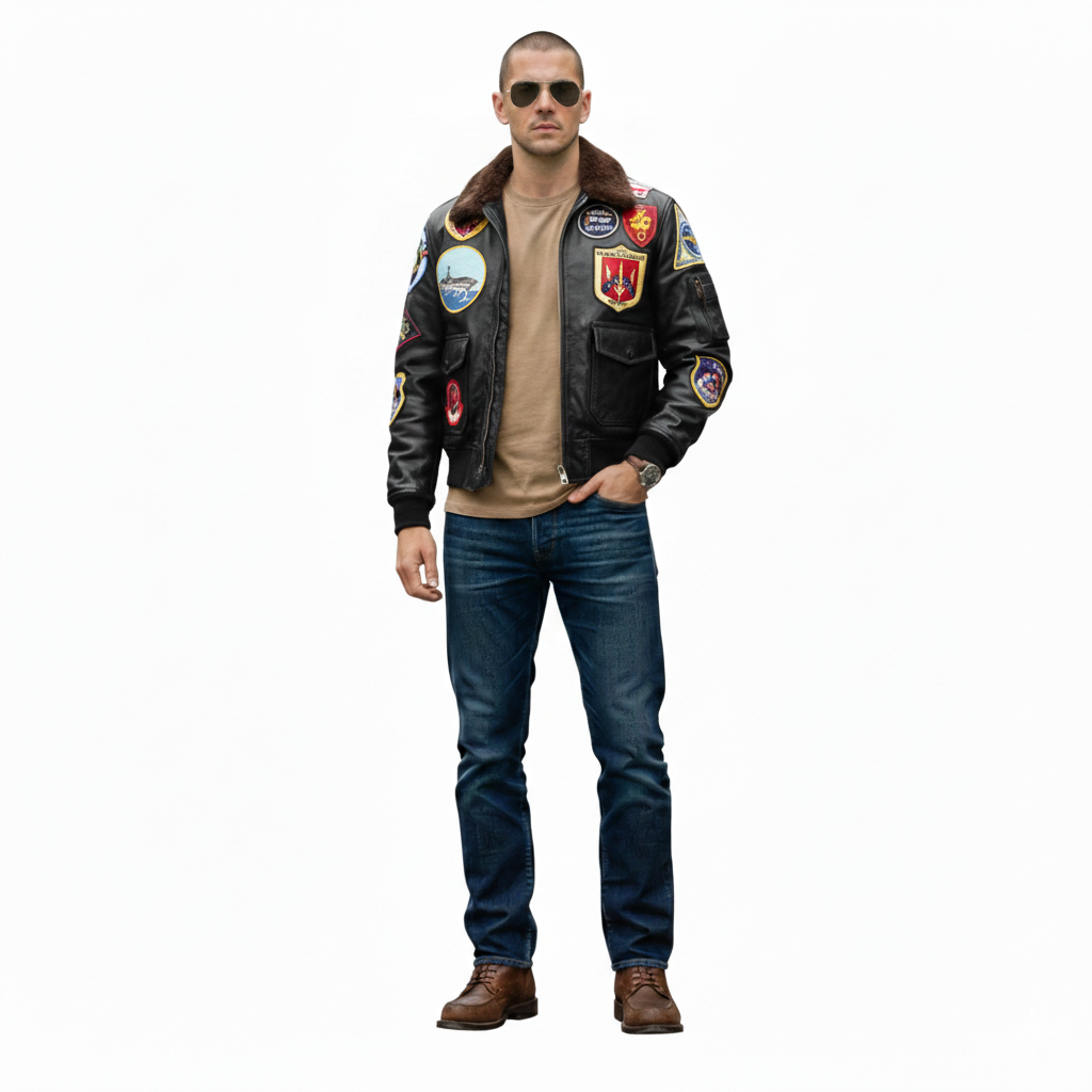 Men's black leather bomber jacket with patches, shearling collar, paired with jeans and aviator sunglasses
