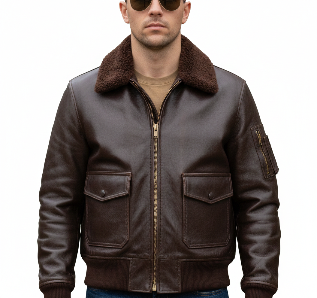Brown leather bomber jacket with shearling collar, front pockets, and sleeve zipper, worn by man