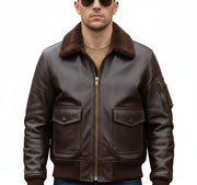 Men's brown leather bomber jacket with shearling collar and front pockets