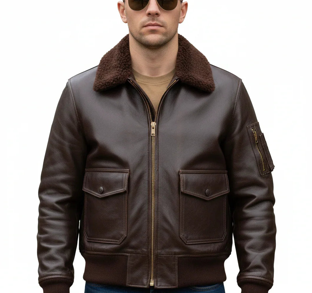 Men's brown leather bomber jacket with shearling collar and front pockets