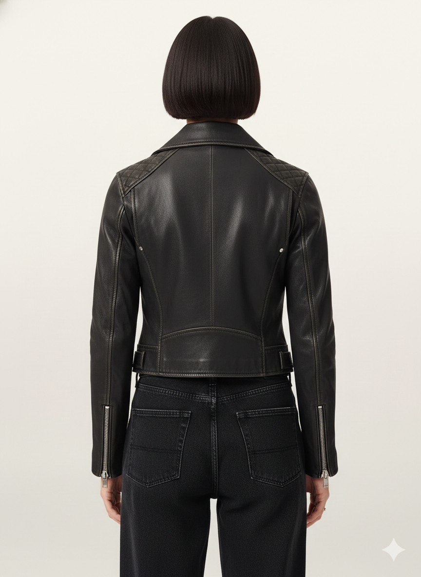 Blouson motard femme en cuir matelassé asymétrique noir