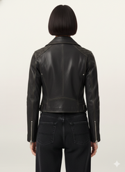 Black leather moto jacket with quilted shoulders and back zipper details, worn with dark jeans