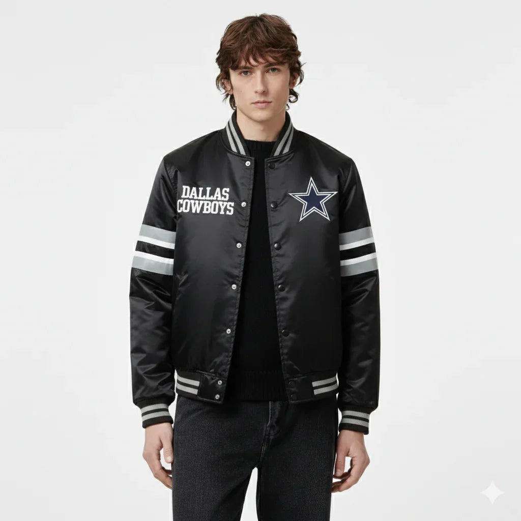 Dallas Cowboys black varsity jacket with star logo and striped sleeves