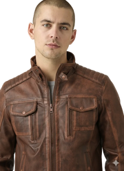 Brown leather jacket with zipper and flap pockets, worn by man