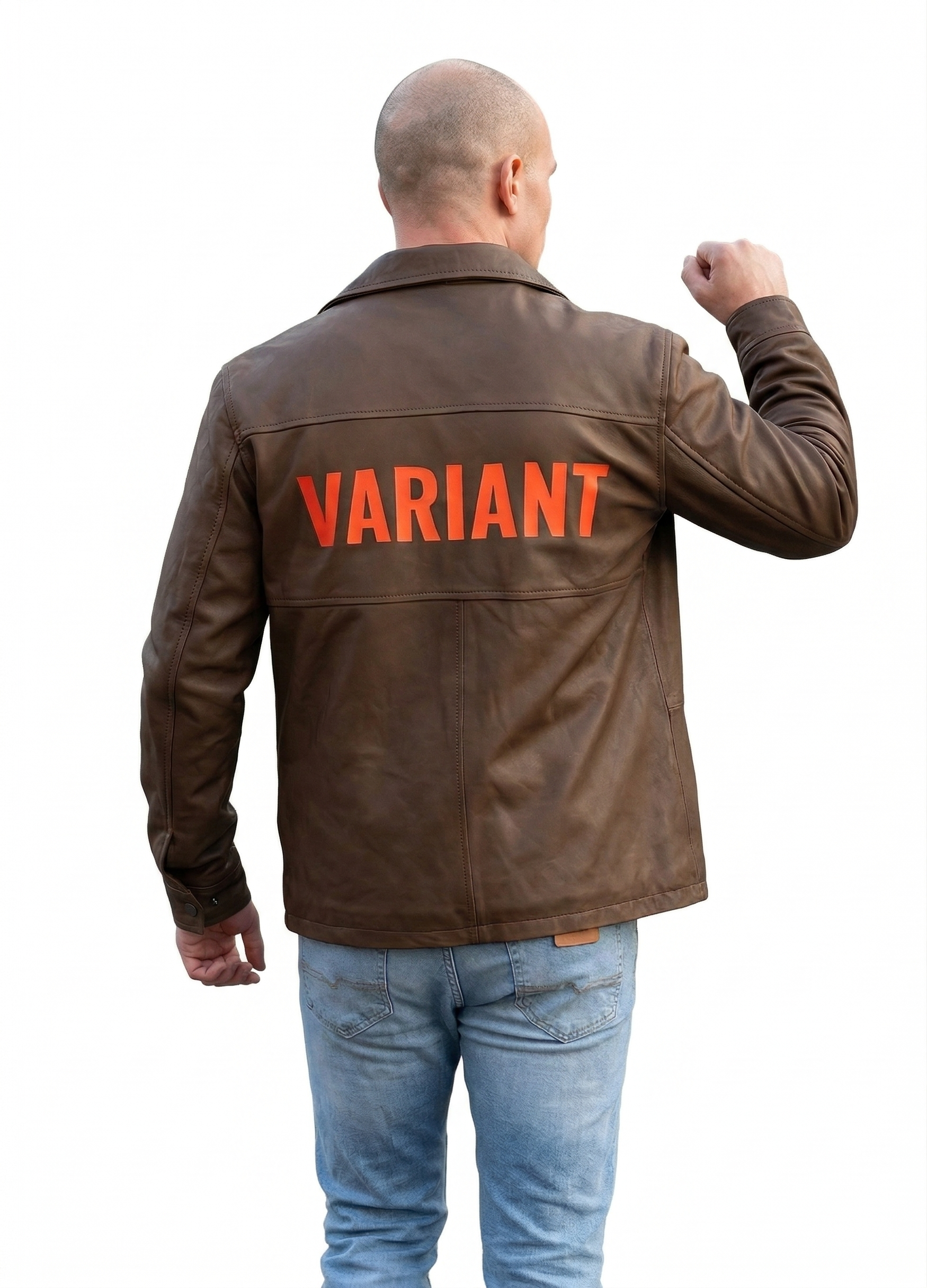 Brown leather jacket with bold orange 'VARIANT' text on back, worn by man in jeans