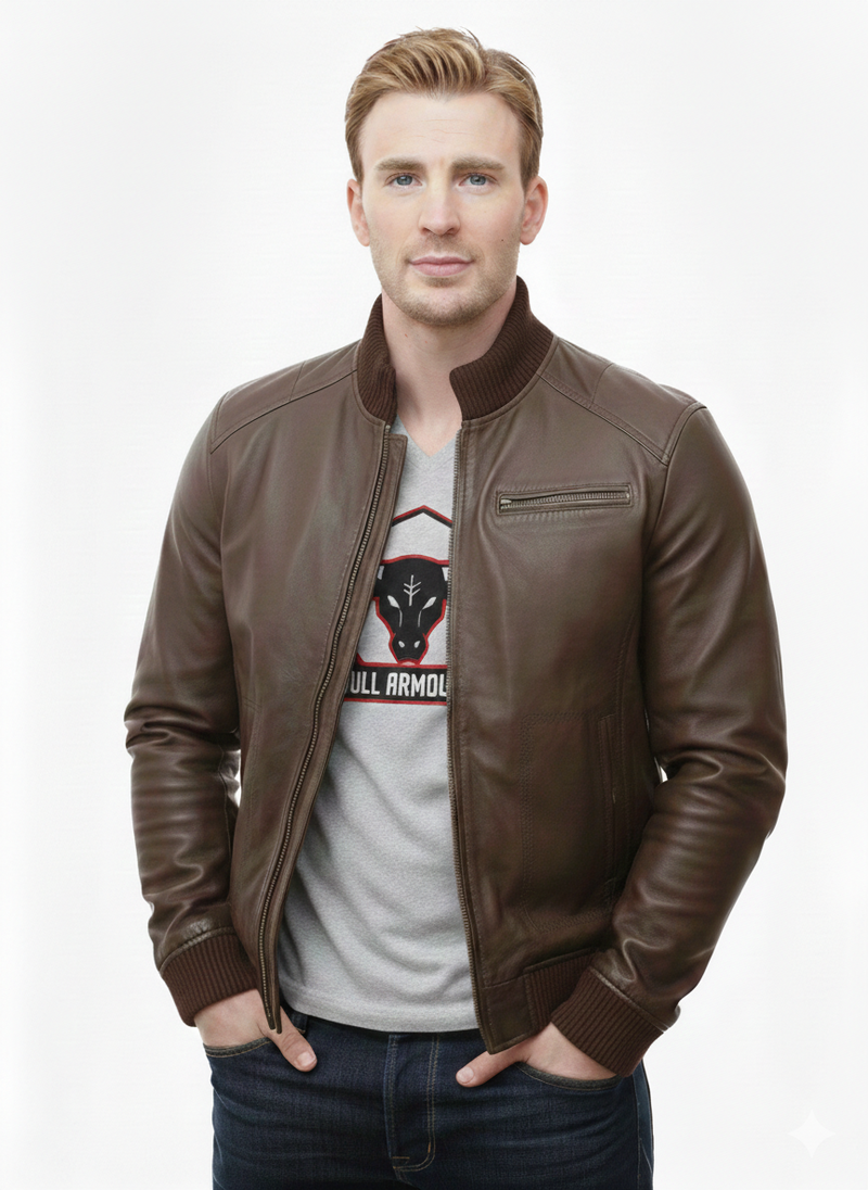 Blouson aviateur en cuir marron pour homme