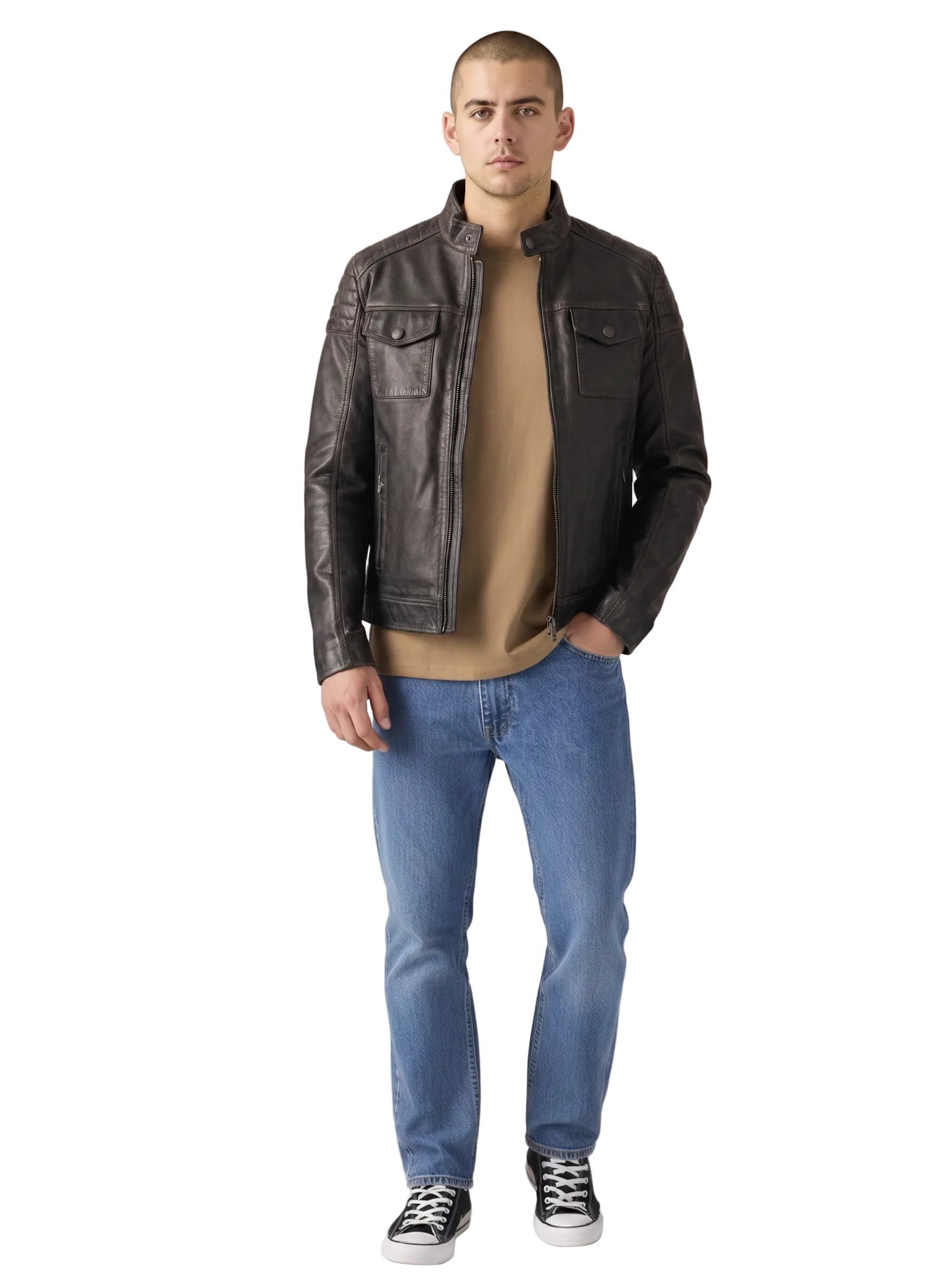 Man wearing dark brown leather jacket, beige shirt, blue jeans, and black sneakers