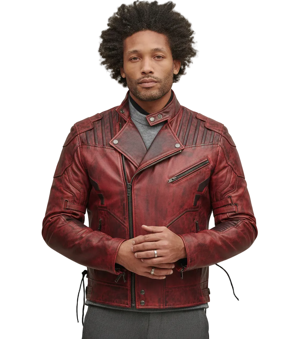 Men's red distressed leather biker jacket with zippers and straps, styled over gray sweater