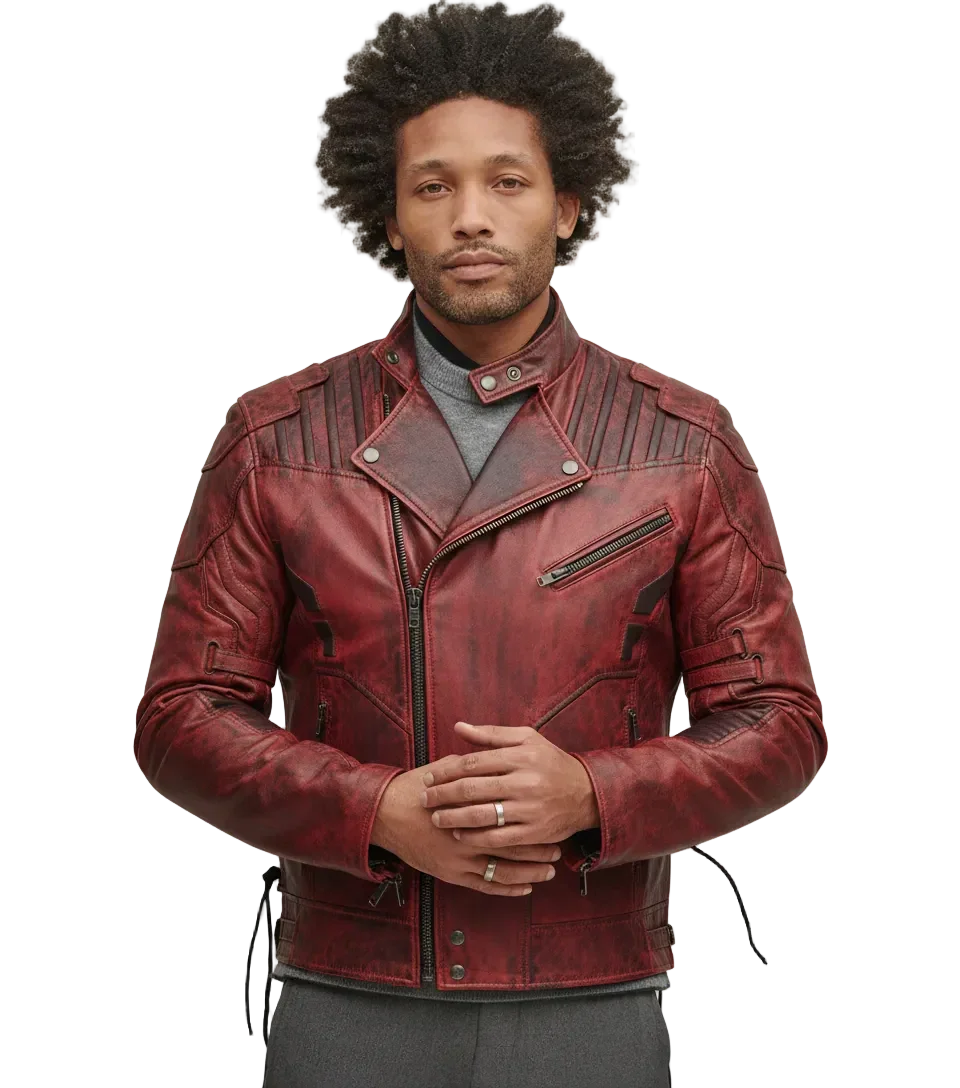 Man wearing red distressed leather biker jacket with zippers and snap buttons, styled with gray sweater
