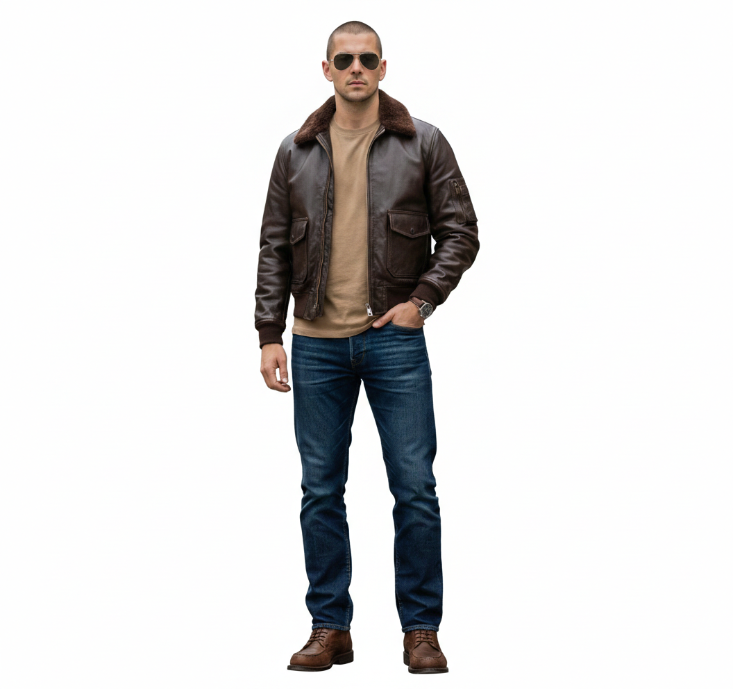 Men's brown leather bomber jacket with shearling collar, paired with jeans and boots