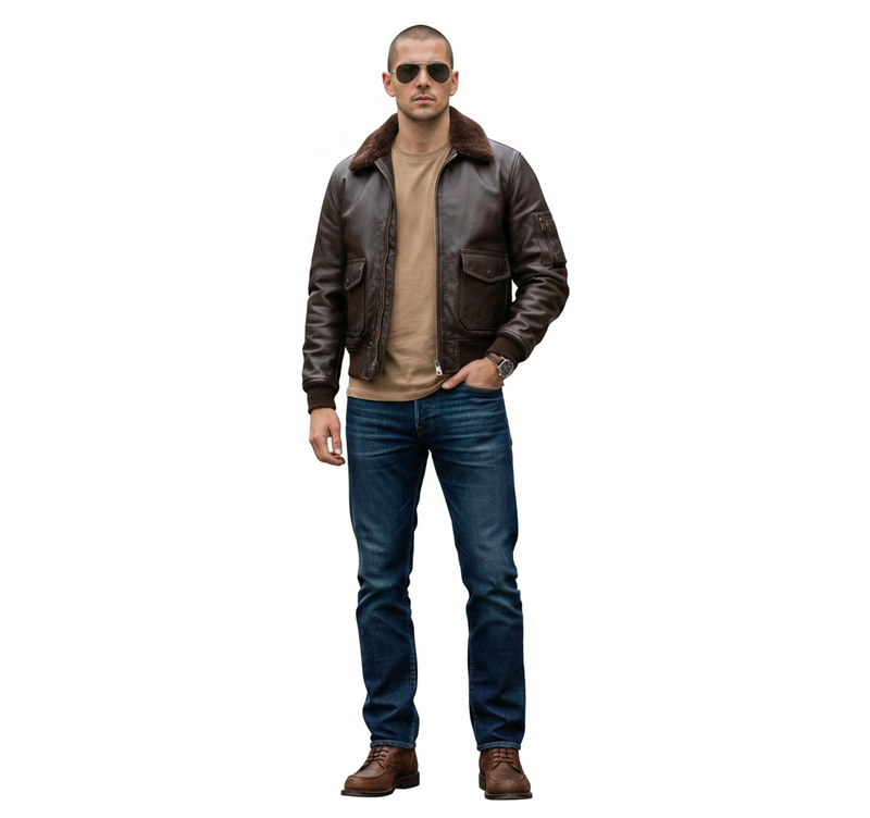 Men's brown leather bomber jacket with shearling collar, paired with jeans and boots