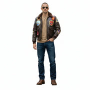 Man wearing vintage bomber jacket with patches, aviator sunglasses, jeans, and brown boots