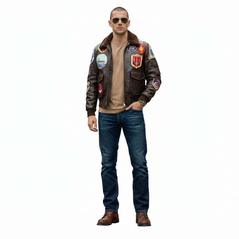 Man wearing vintage aviator bomber jacket with patches, sunglasses, and jeans