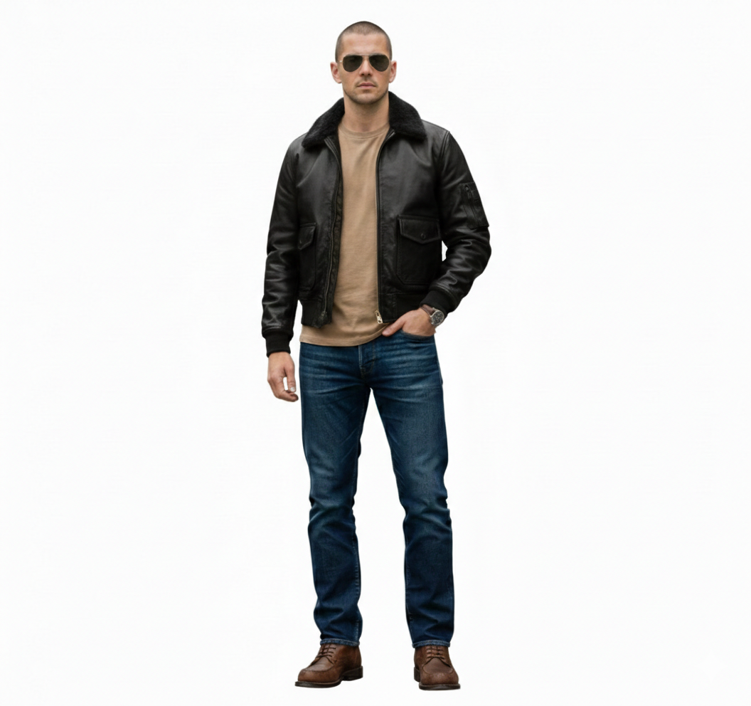 Men's black leather bomber jacket with shearling collar, styled with tan tee, jeans, and boots