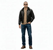 Men's black leather bomber jacket with shearling collar, styled with jeans and boots