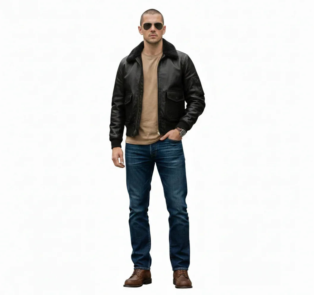 Men's black leather bomber jacket with shearling collar, styled with jeans and boots