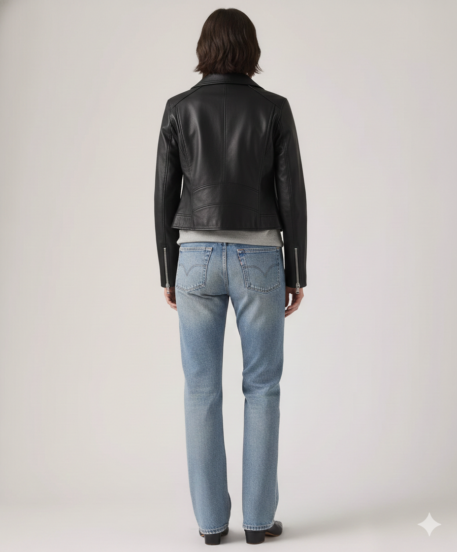Woman wearing black leather moto jacket and light wash denim jeans, back view
