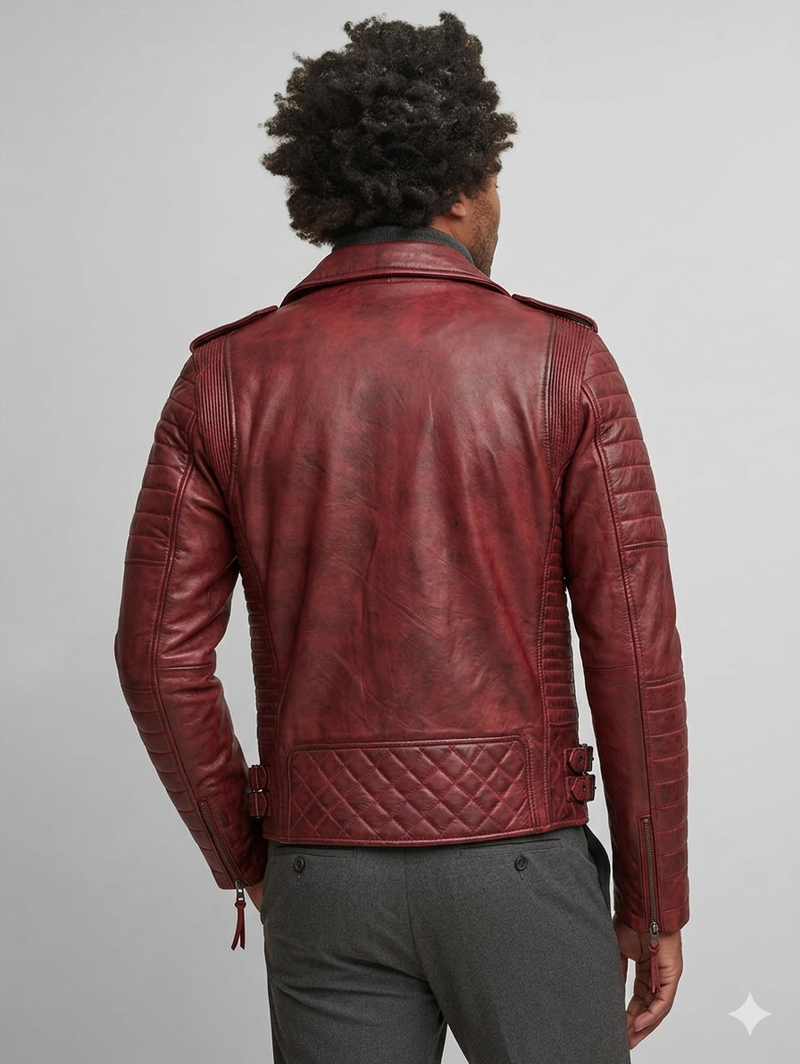 Blouson de motard en cuir vieilli bordeaux Heritage élite pour homme
