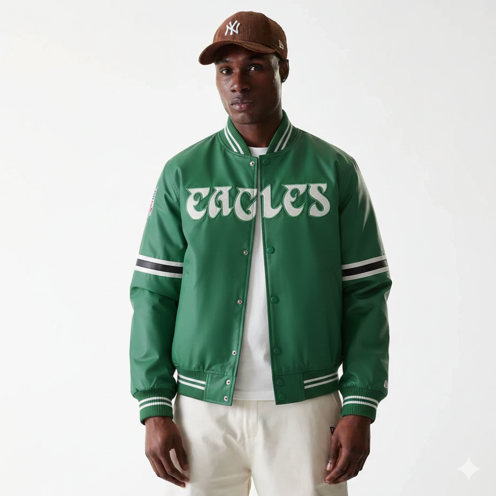 Green Eagles varsity jacket with white lettering, striped sleeves, and button front, paired with brown cap