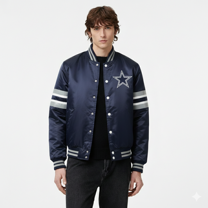 Navy blue varsity jacket with star emblem and striped sleeves