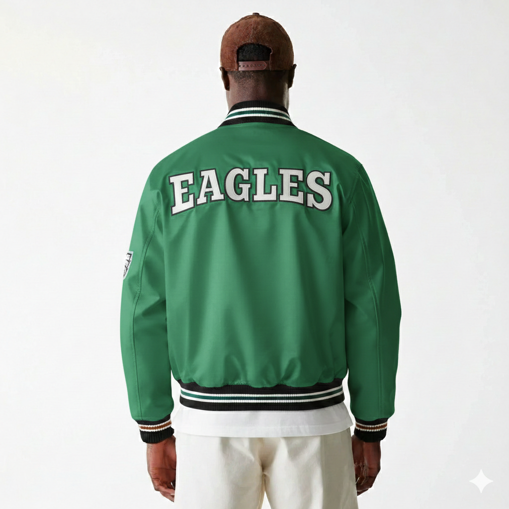 Green Eagles varsity jacket with bold back lettering, ribbed cuffs, and collar, worn with cap and white pants