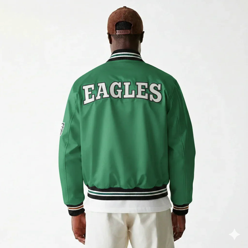 Green Eagles varsity jacket with white lettering, striped cuffs and collar, worn by man in cap