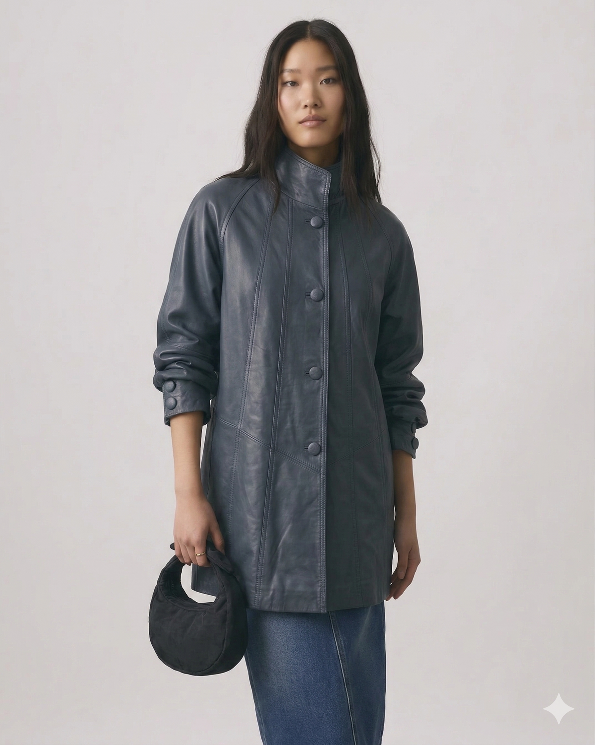 Manteau mi-long en cuir taillé "Slate Aura" pour femme | Nappa bleu acier