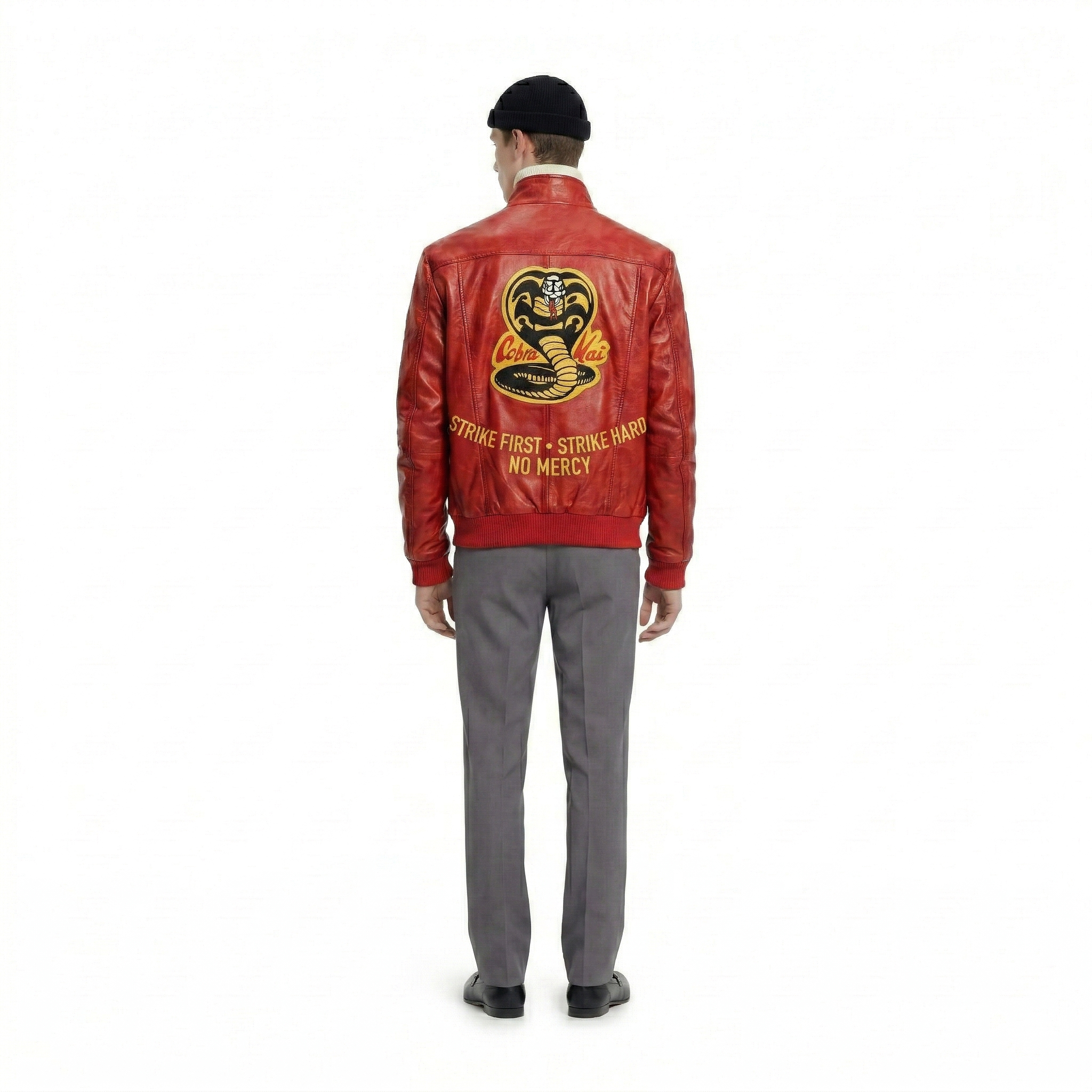 Red leather jacket with Cobra Kai logo and 'Strike First, Strike Hard, No Mercy' text on back