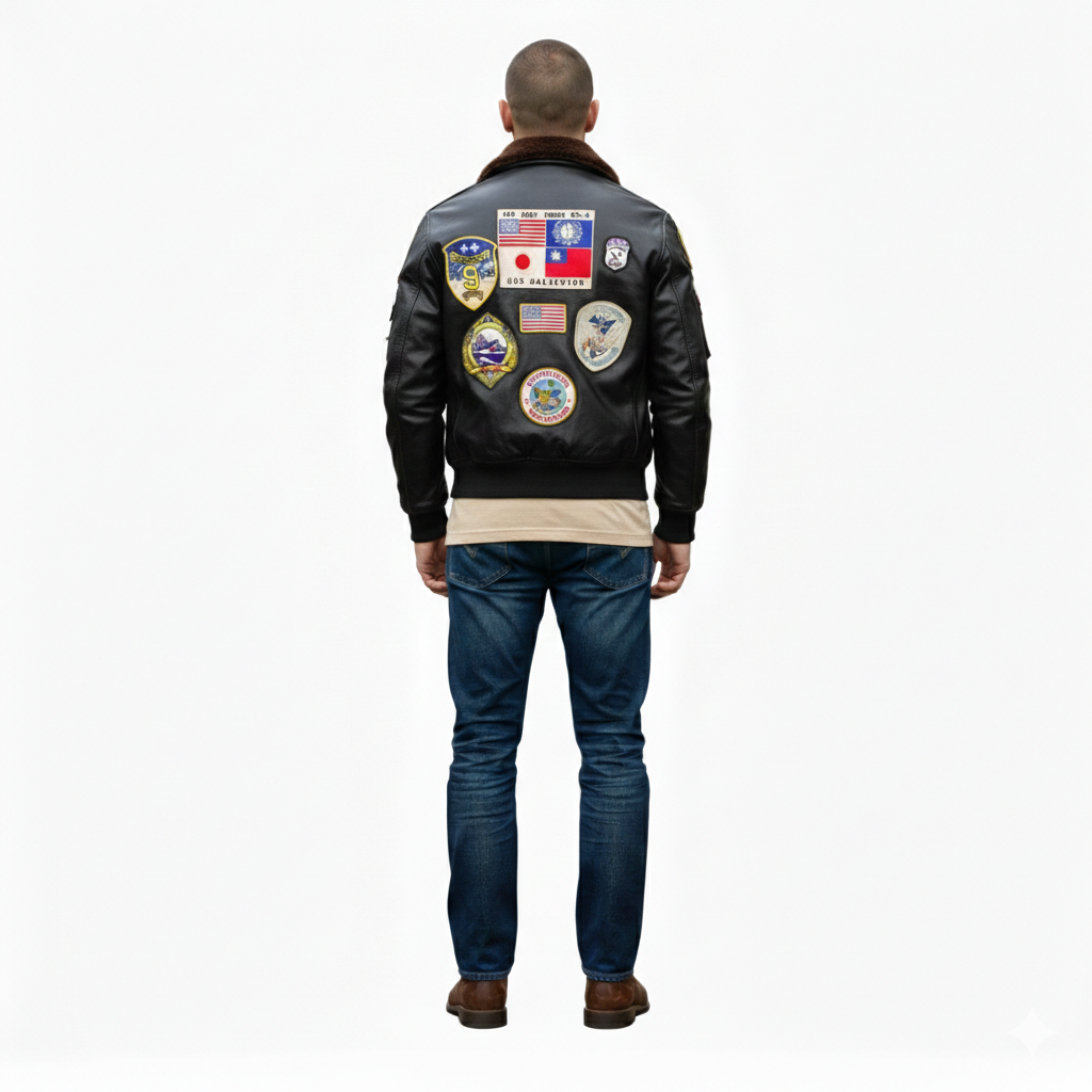 Men's black leather bomber jacket with vintage military patches, shearling collar, and classic fit