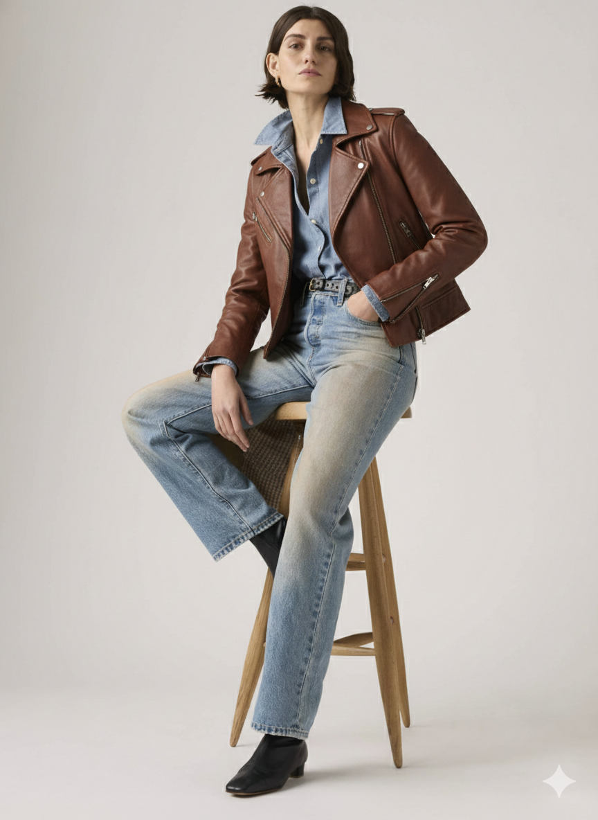 Women Brown Biker Leather Jacket - Crosser