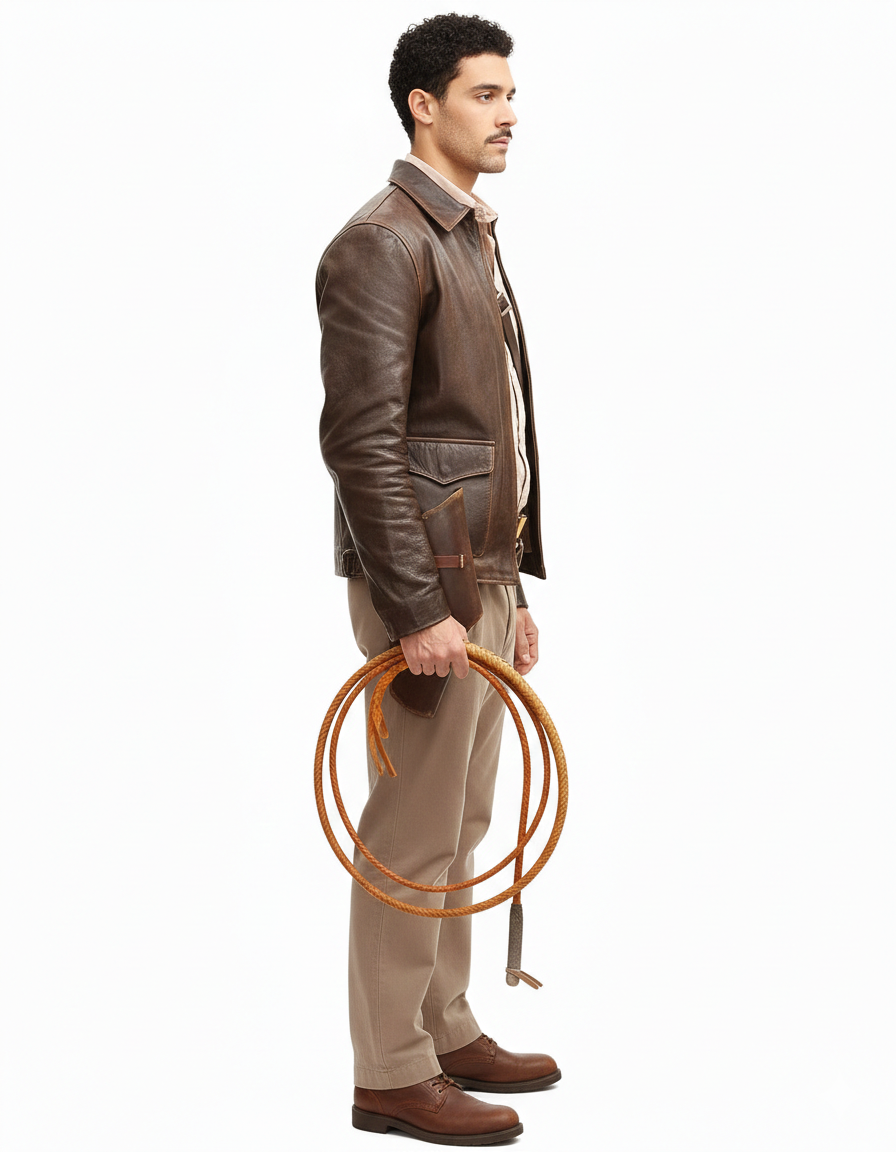 Man in brown leather jacket holding coiled rope, wearing beige pants and boots