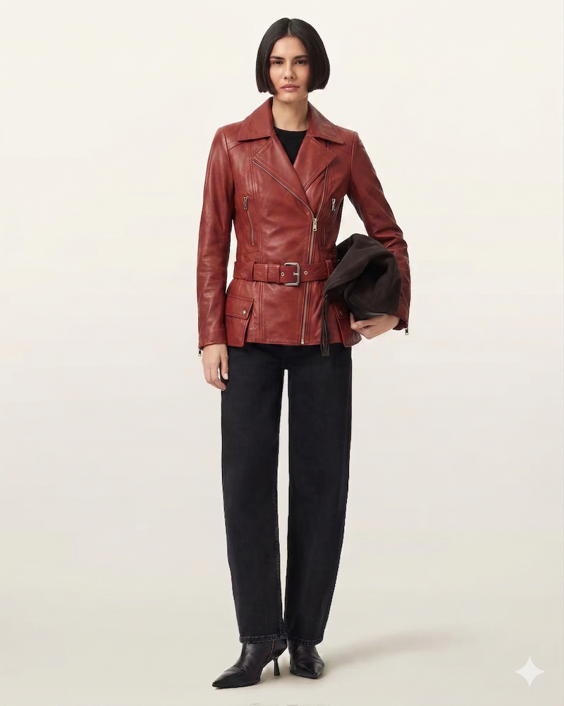 Women's Burgundy Asymmetric Sheep Aniline Leather Motorcycle Jacket