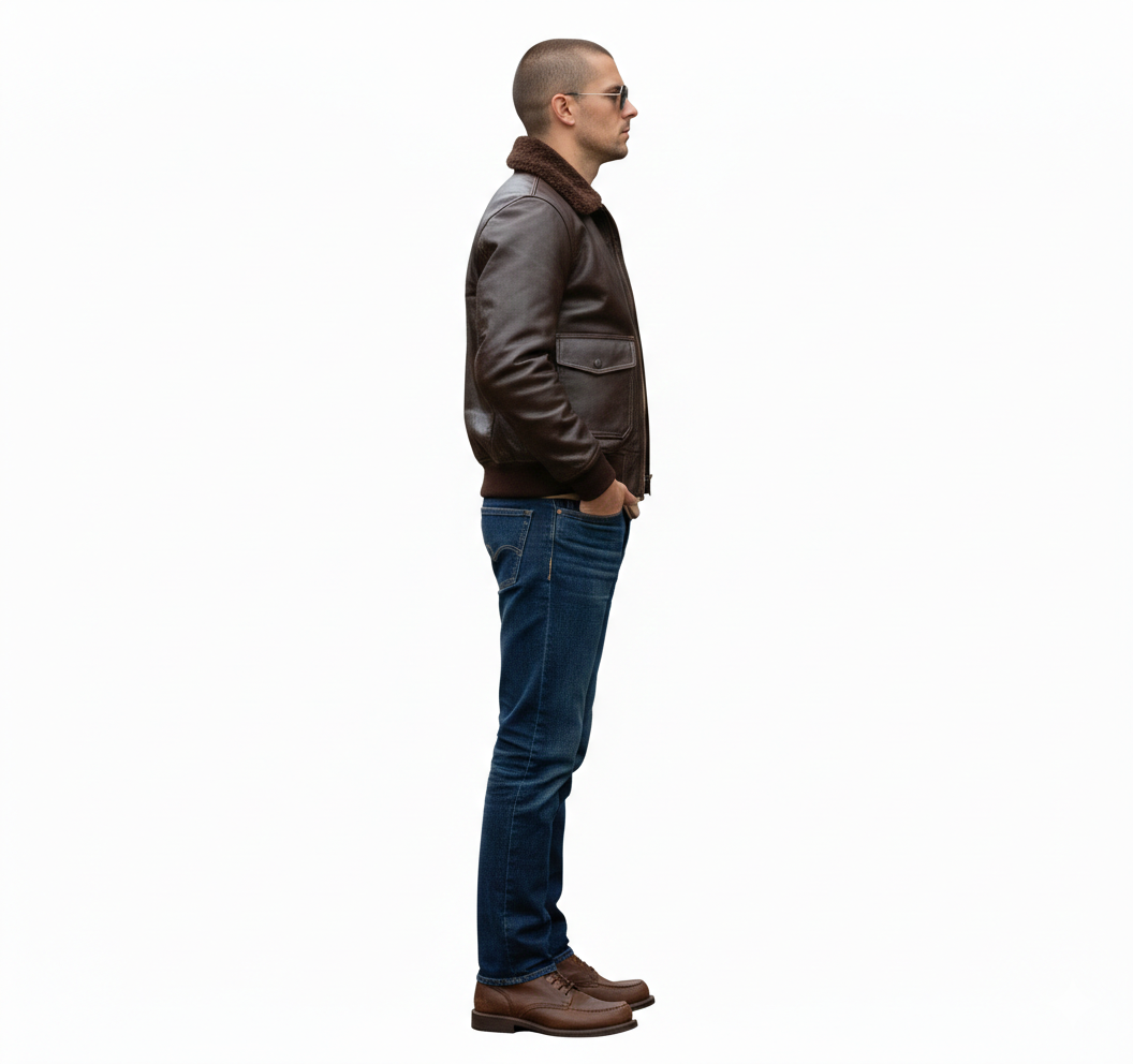 Man in brown leather bomber jacket with shearling collar, blue jeans, and brown boots, side profile