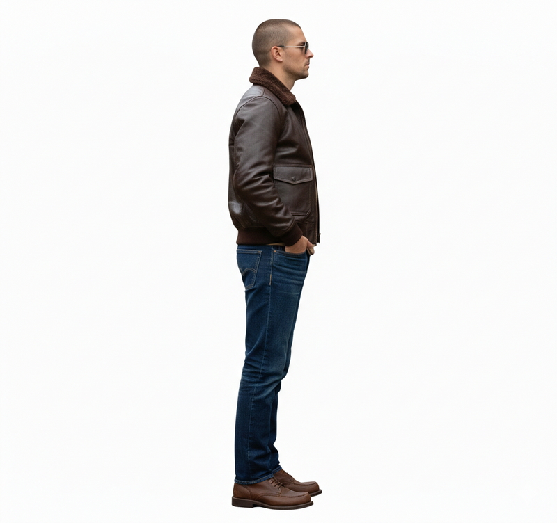 Man in brown leather bomber jacket with shearling collar, blue jeans, and brown boots, side profile