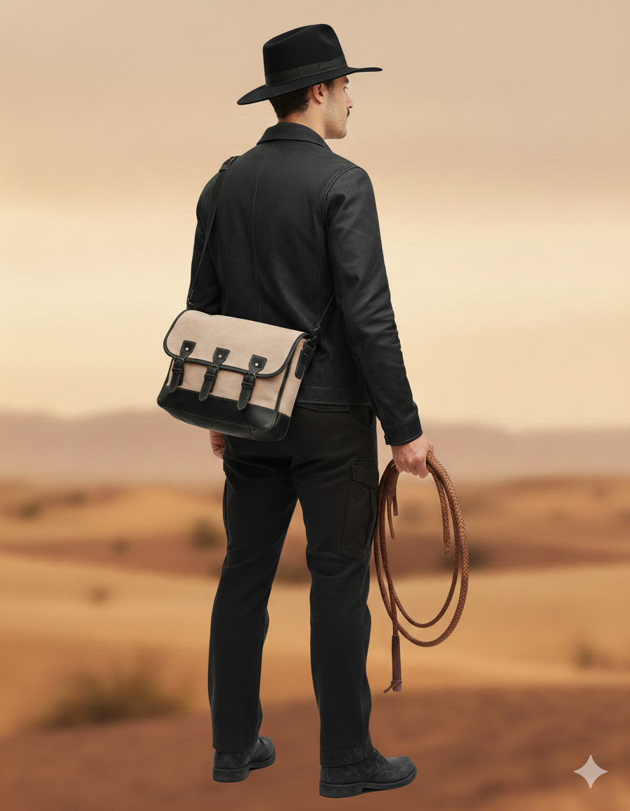 Man in black hat and jacket carrying canvas satchel and rope in desert landscape