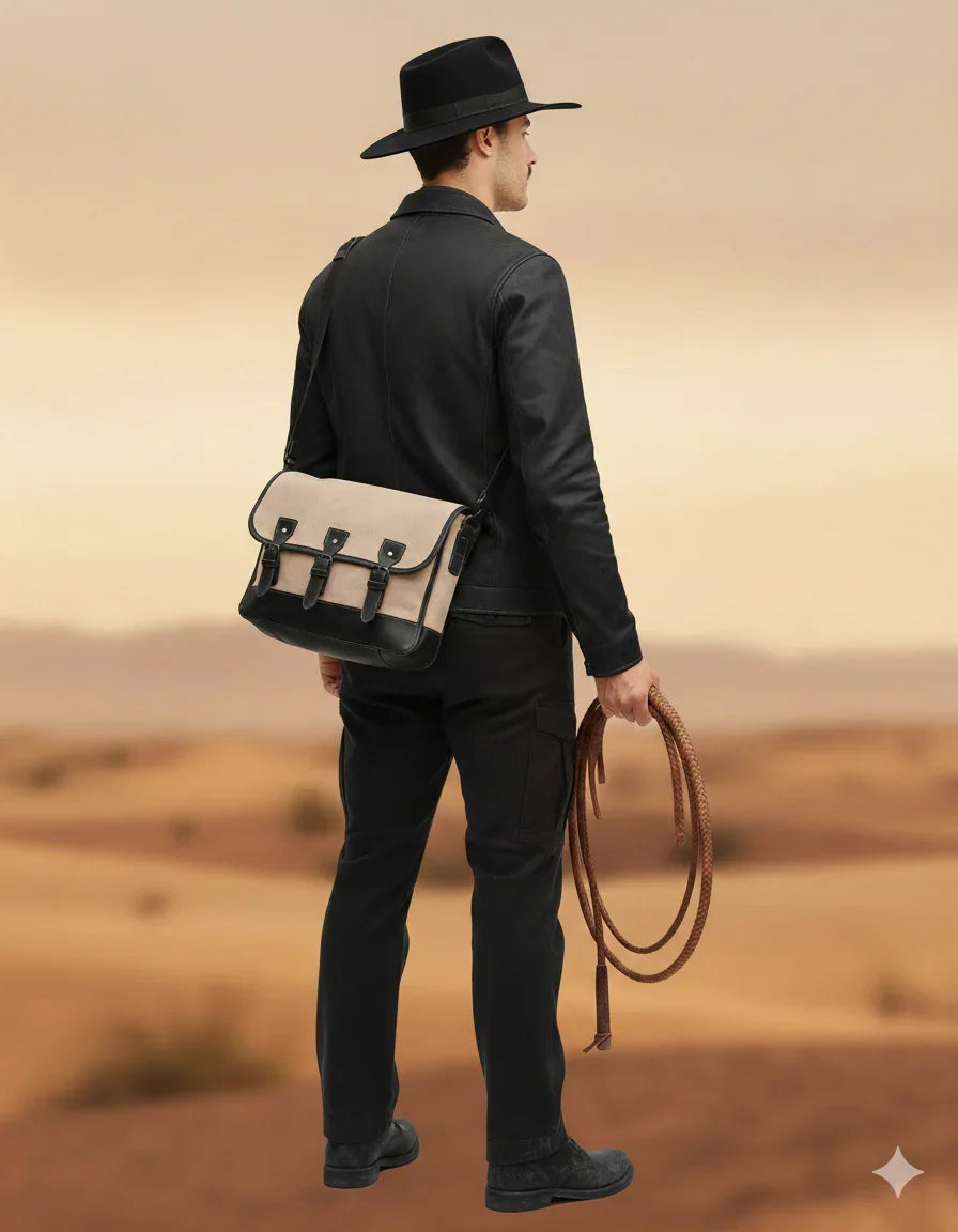 Man in black leather jacket and hat carrying beige satchel bag, holding rope in desert landscape