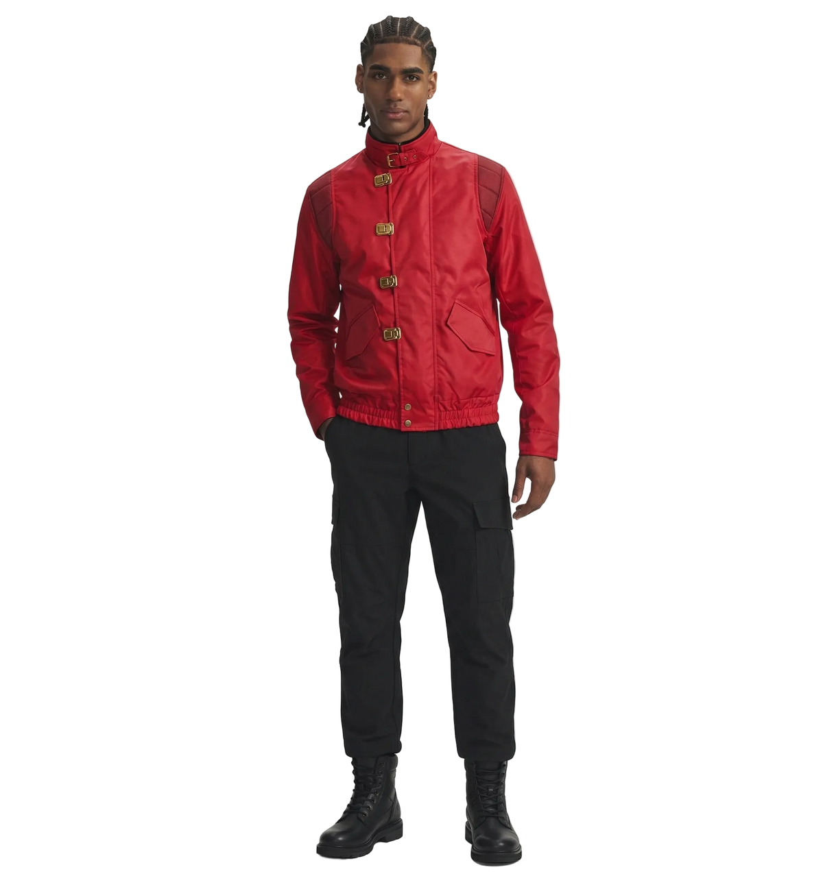 Person wearing a red jacket with gold buttons on a white background