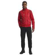 Men's red bomber jacket with gold buckles, black cargo pants, and combat boots