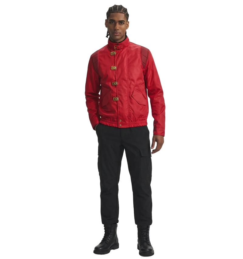 Person wearing a red jacket with gold buttons on a white background