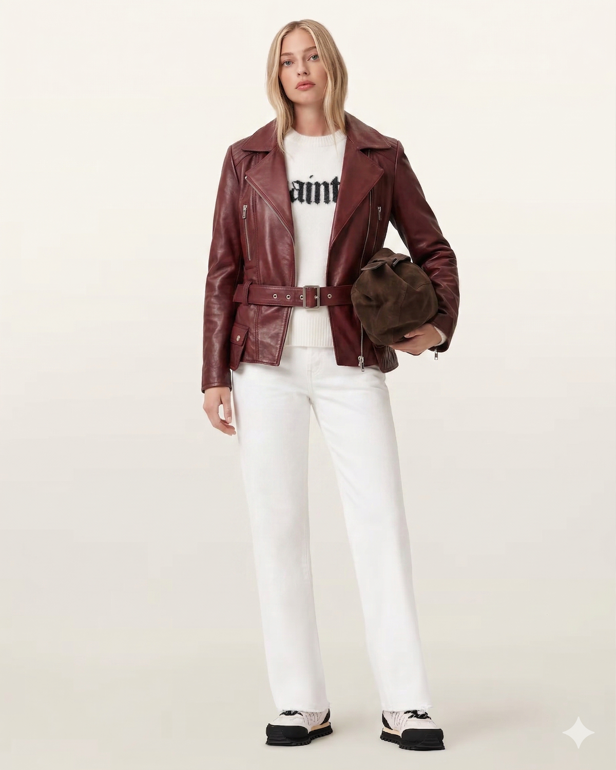 Blouson moto en cuir bordeaux ceinturé pour femme