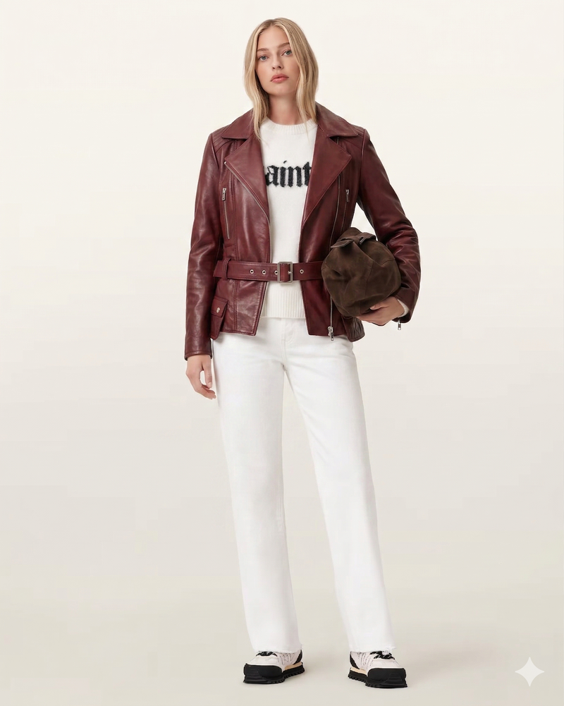 Blouson moto en cuir bordeaux ceinturé pour femme