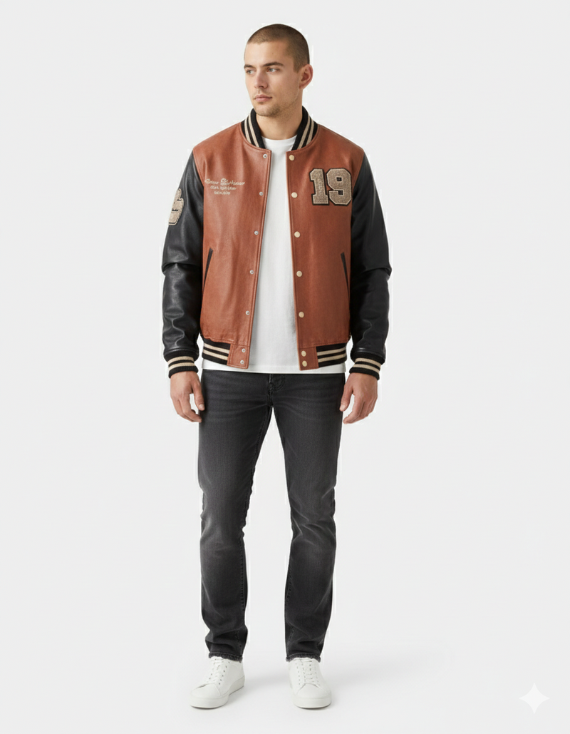 Blouson Oversize en Cuir de Veau pour Homme - Veste Universitaire