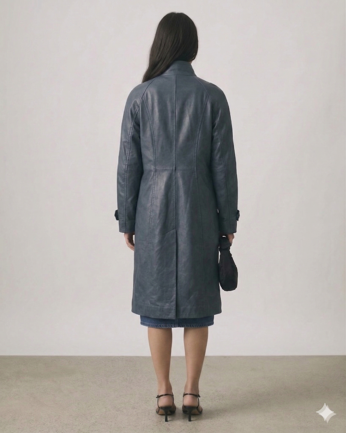 Manteau mi-long en cuir taillé "Slate Aura" pour femme | Nappa bleu acier