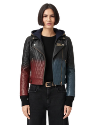 Women's quilted leather moto jacket with color-block design, hooded, zippers, and gold hardware