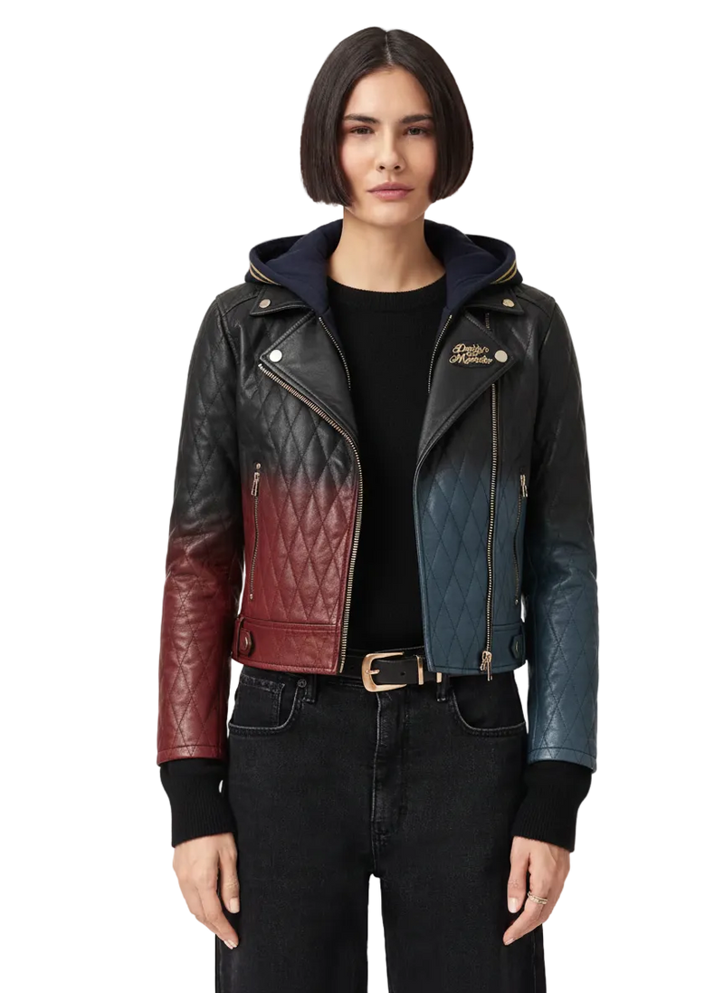 Person wearing a black and red gradient leather jacket on a white background