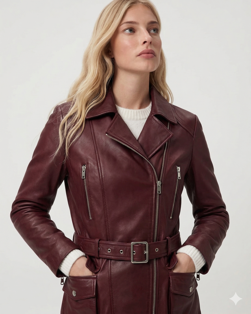 Blouson moto en cuir bordeaux ceinturé pour femme
