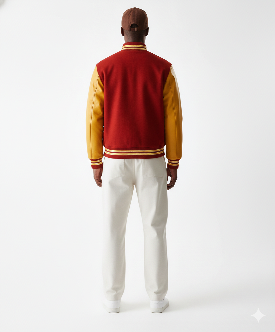 Man wearing red and gold varsity jacket with white pants, back view