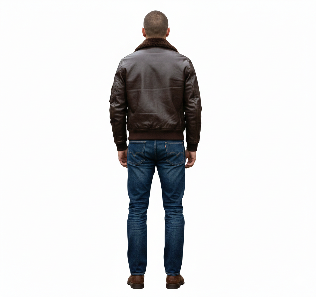 Man wearing brown leather bomber jacket with shearling collar, blue jeans, and brown boots, back view