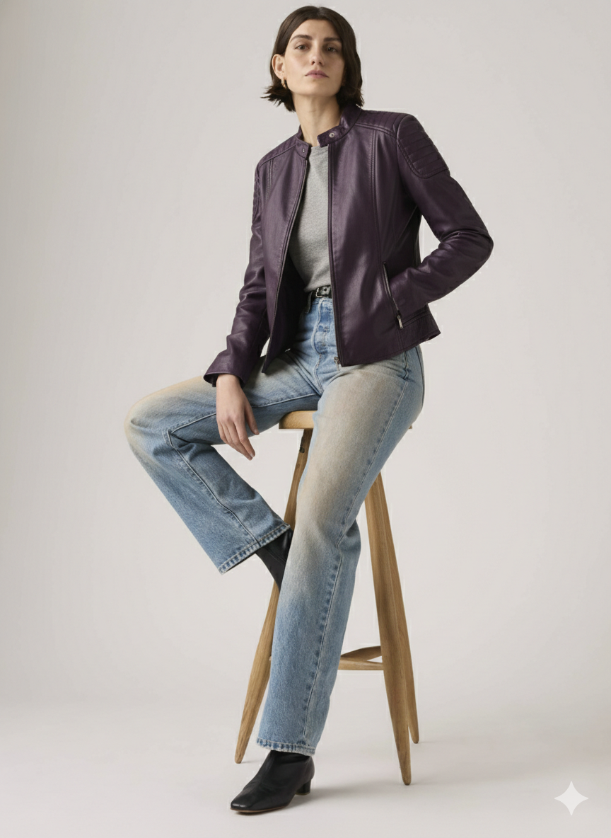 Woman in purple leather moto jacket, gray top, and blue jeans sitting on wooden stool