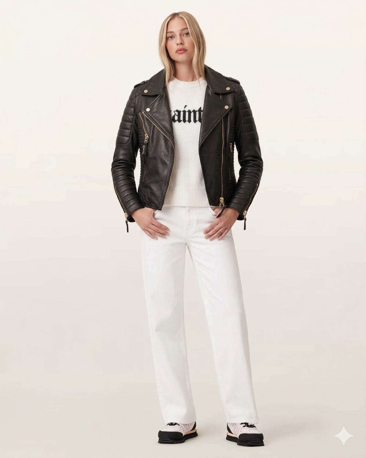 Blouson motard asymétrique en cuir onyx de luxe pour femme